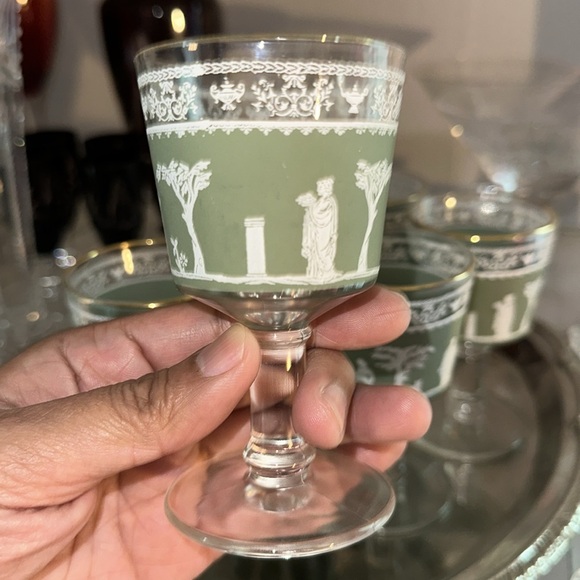 Vtg Jeanette Wedgwood Hellenic Green Jasperware Goblets Set of 6 - Picture 4 of 5